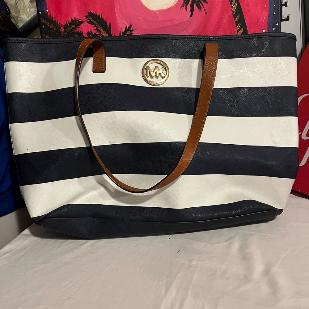 Michael Kors Navy and White Striped Tote/with leather handles